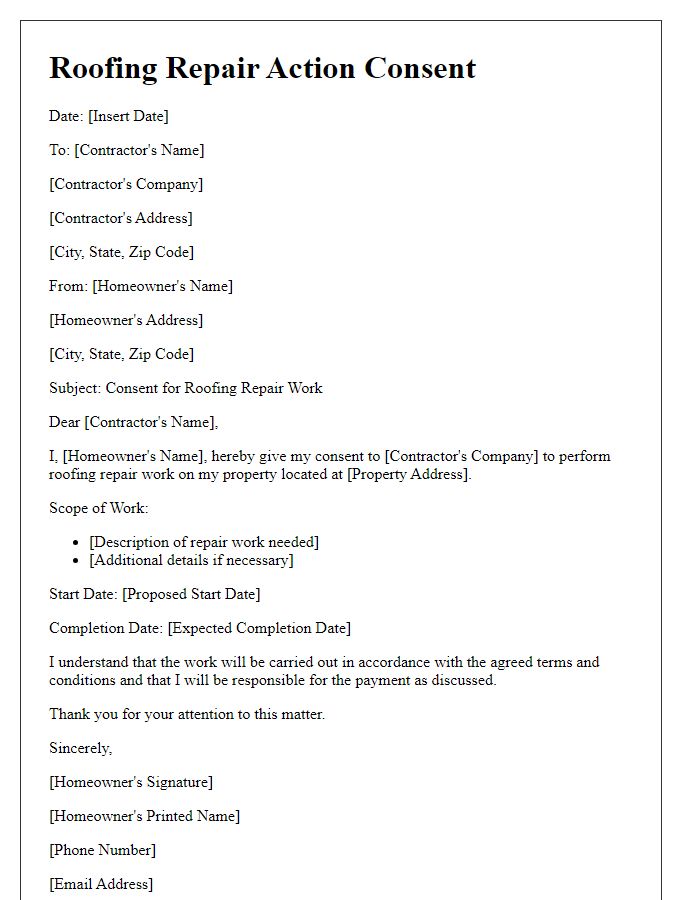 Letter template of roofing repair action consent