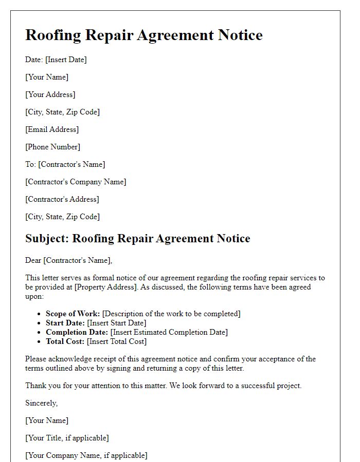 Letter template of roofing repair agreement notice