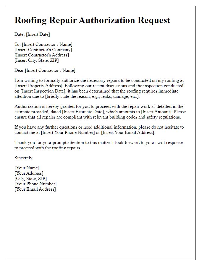 Letter template of roofing repair authorization request