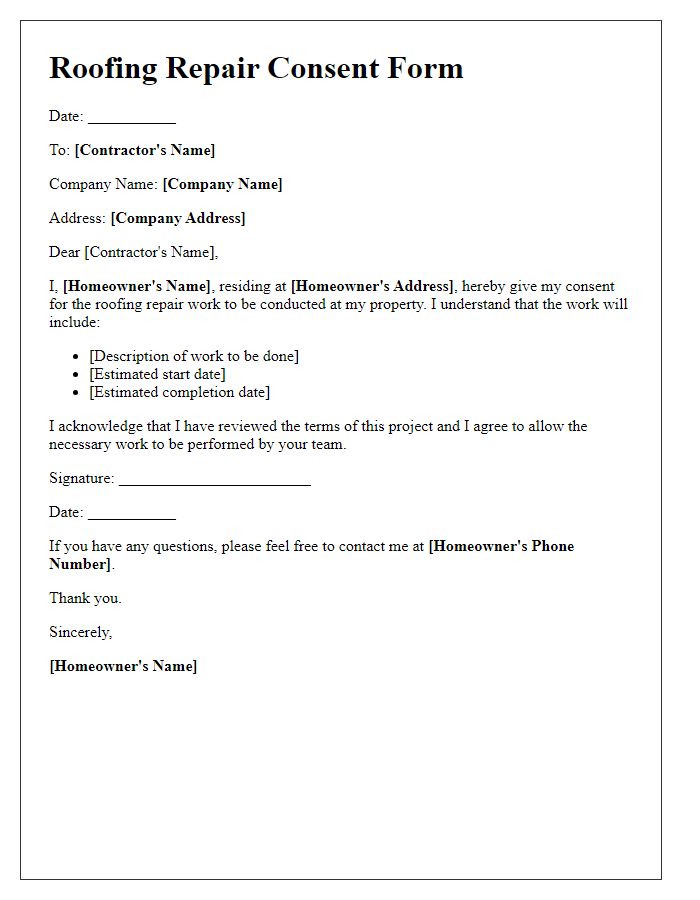 Letter template of roofing repair consent form