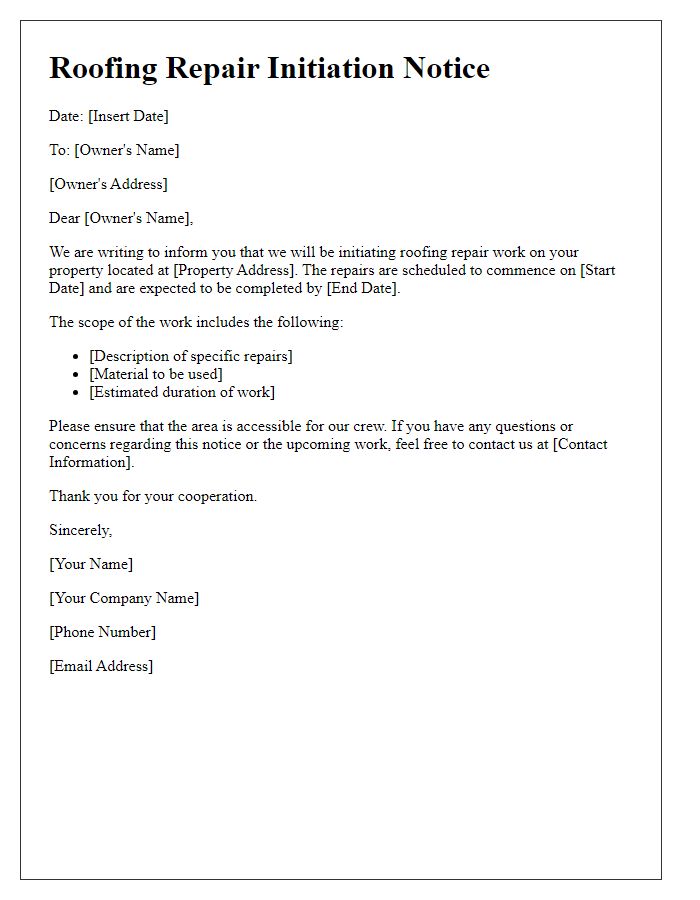 Letter template of roofing repair initiation notice