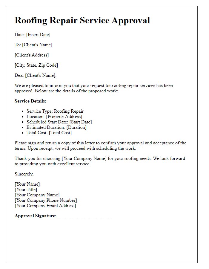 Letter template of roofing repair service approval