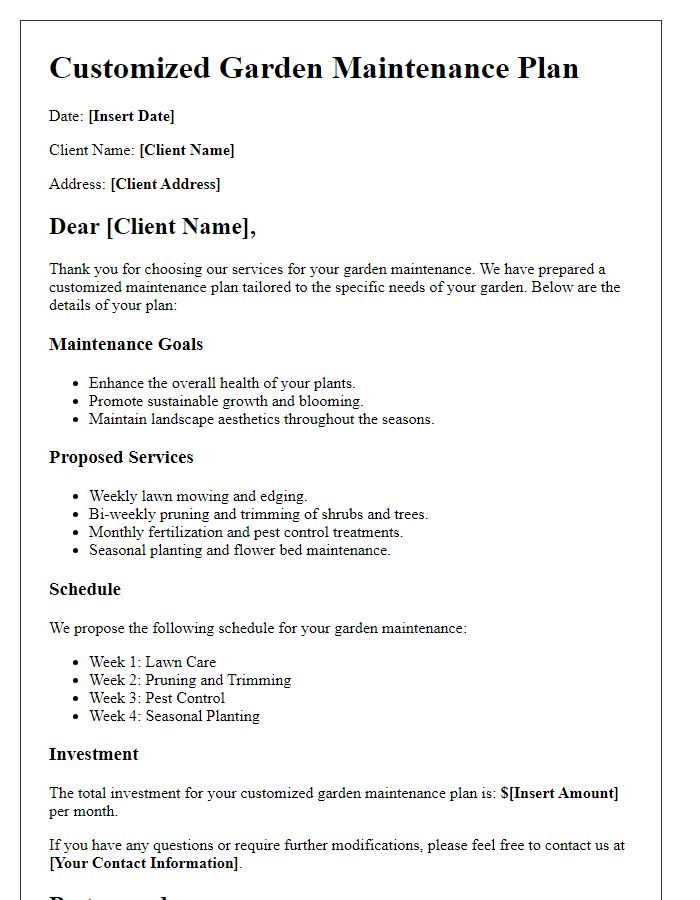 Letter template of customized garden maintenance plan