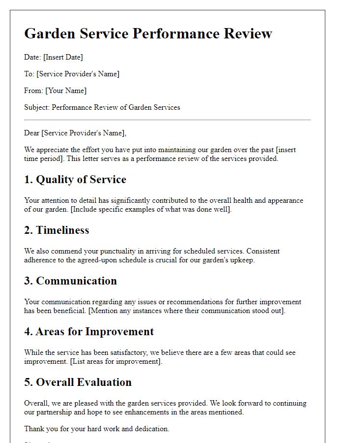 Letter template of garden service performance review