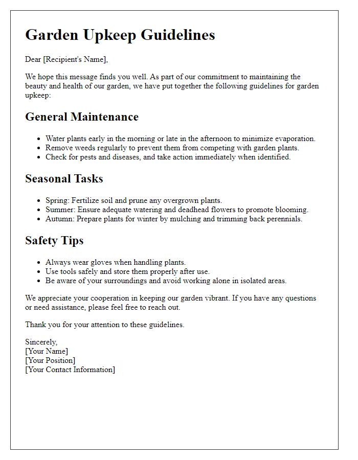 Letter template of garden upkeep guidelines