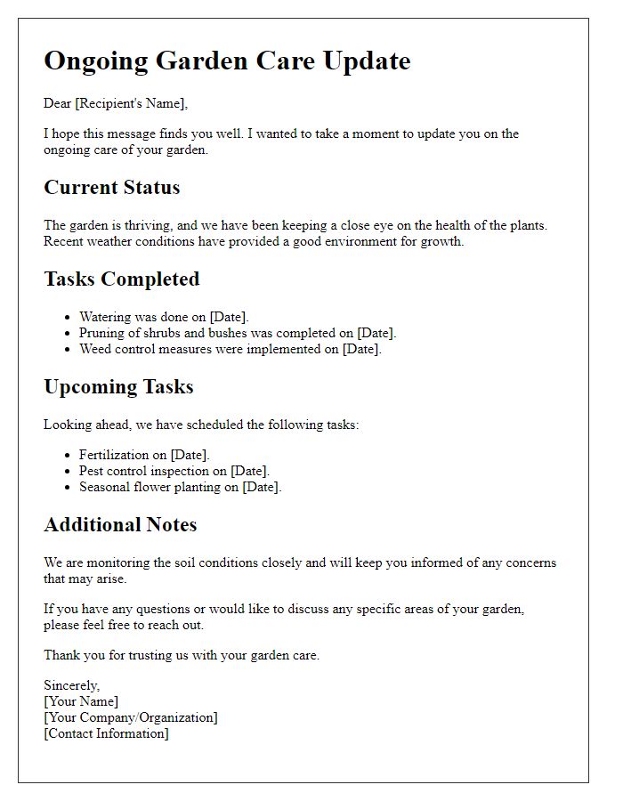 Letter template of ongoing garden care communication