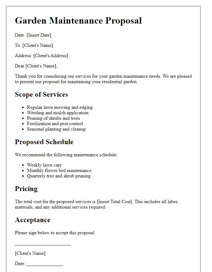 Letter template of residential garden maintenance proposal