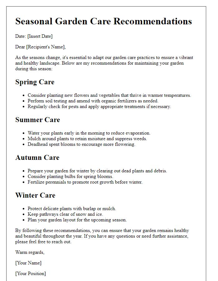 Letter template of seasonal garden care recommendations