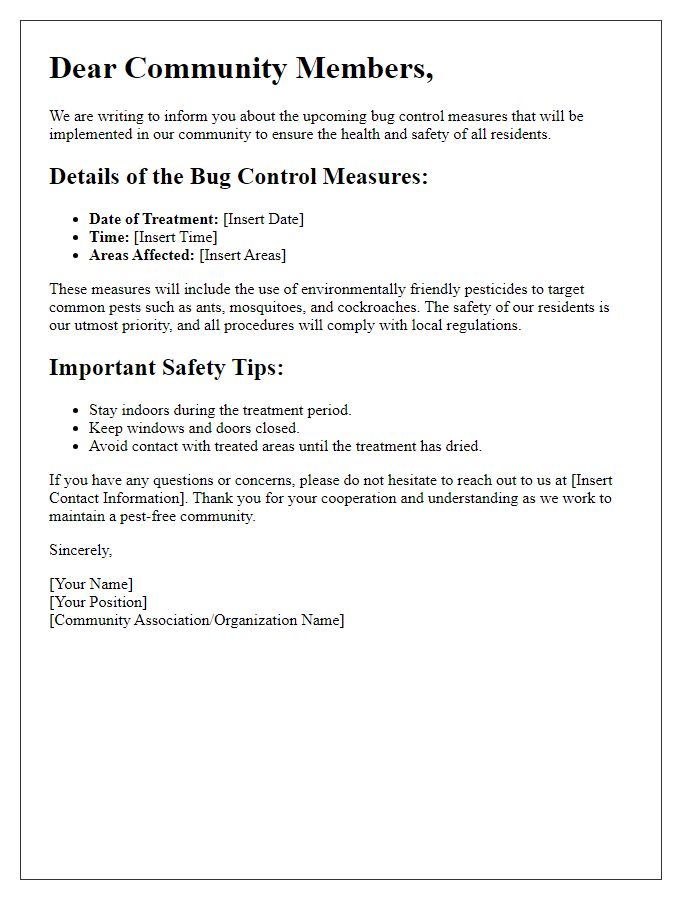 Letter template of bug control measures notification for community members