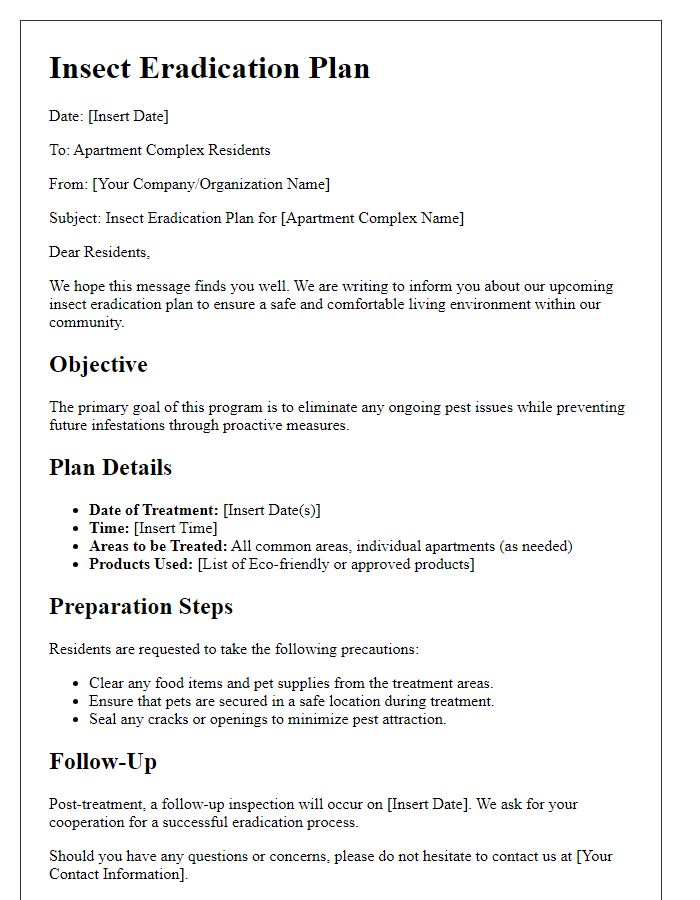 Letter template of insect eradication plan for apartment complexes