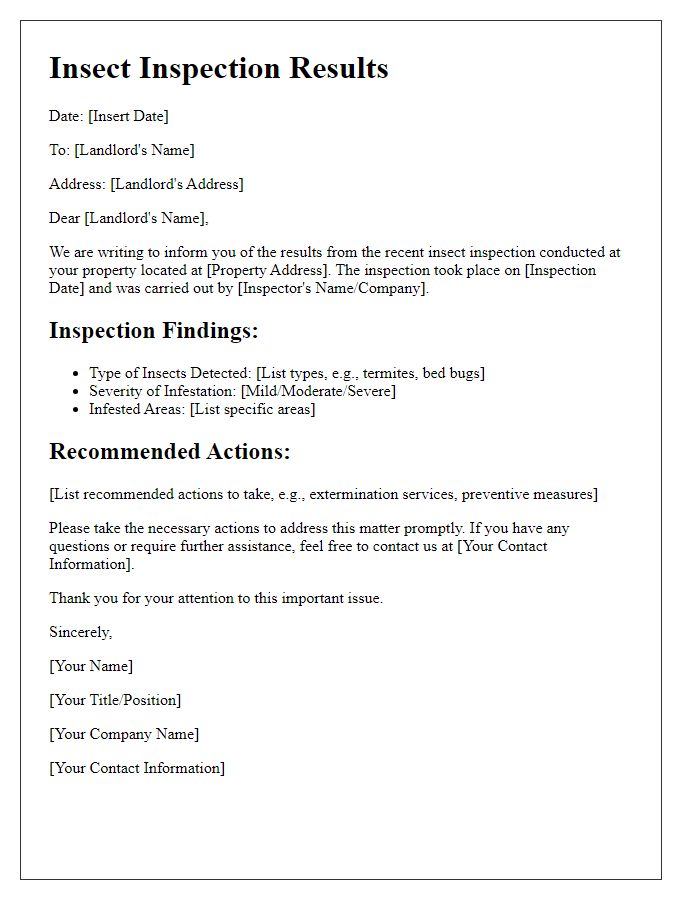 Letter template of insect inspection results for landlords