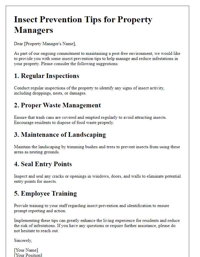 Letter template of insect prevention tips for property managers