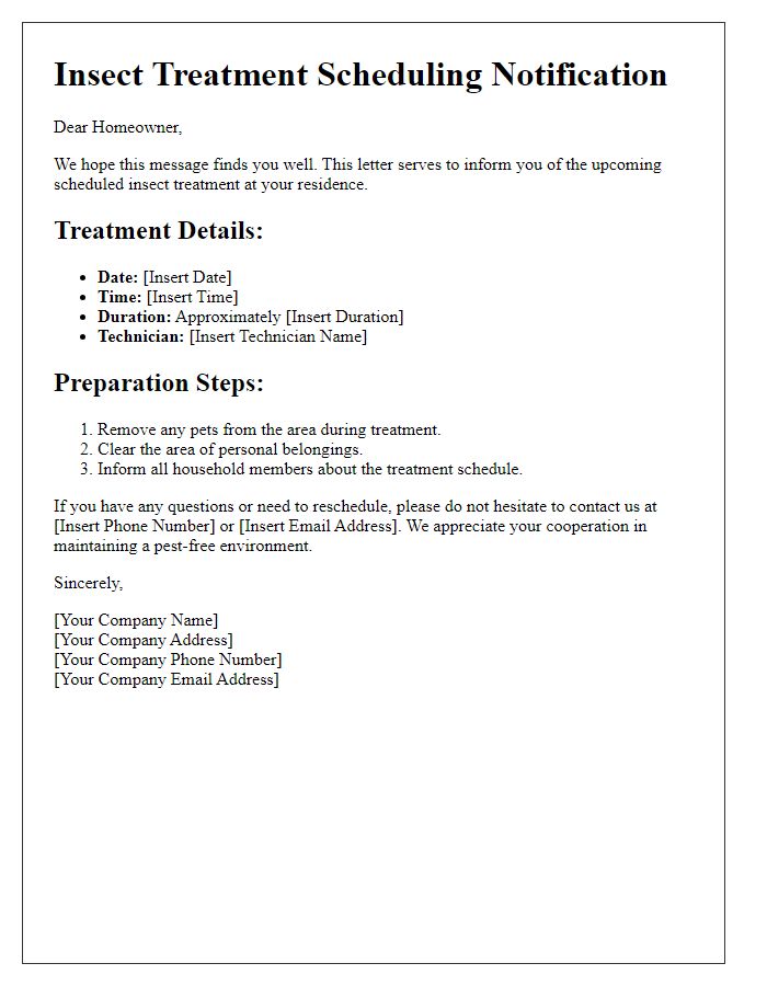 Letter template of insect treatment scheduling for homeowners