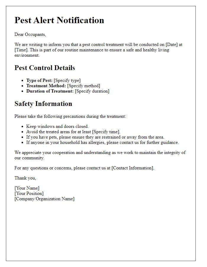 Letter template of pest alert and safety information for occupants