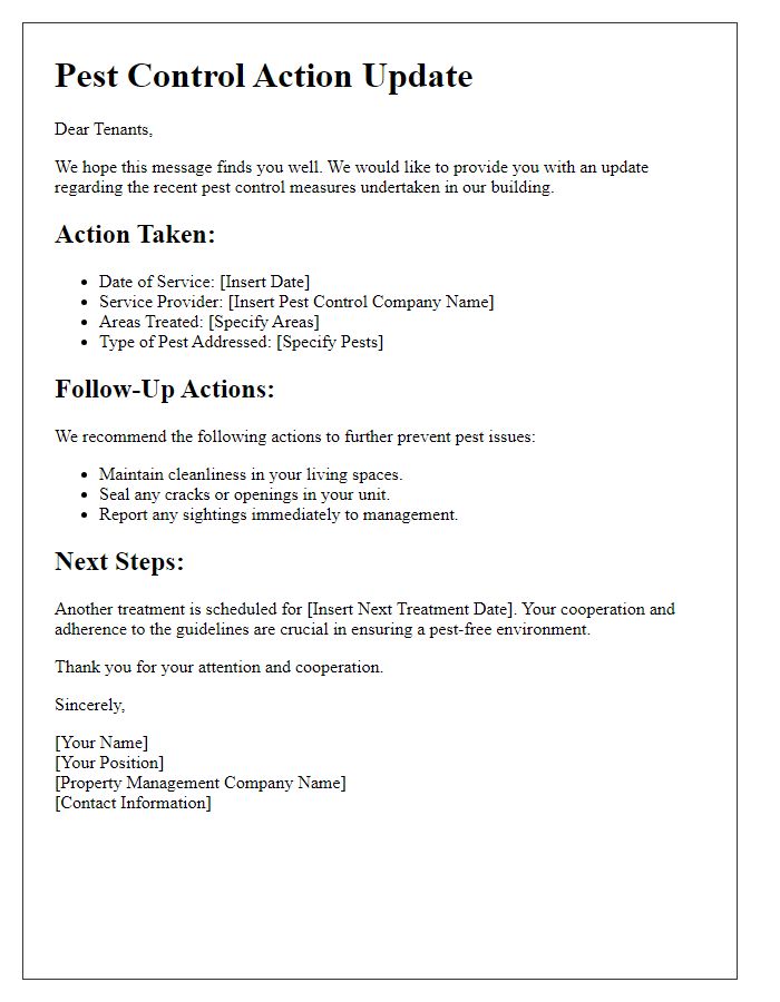 Letter template of pest control action update for tenants