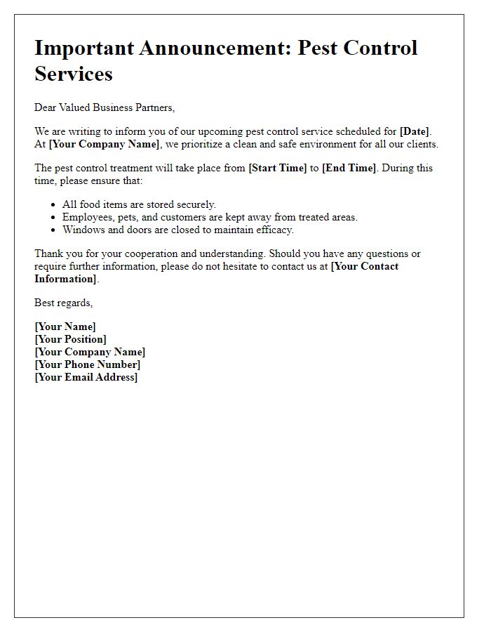 Letter template of pest control service announcement for businesses