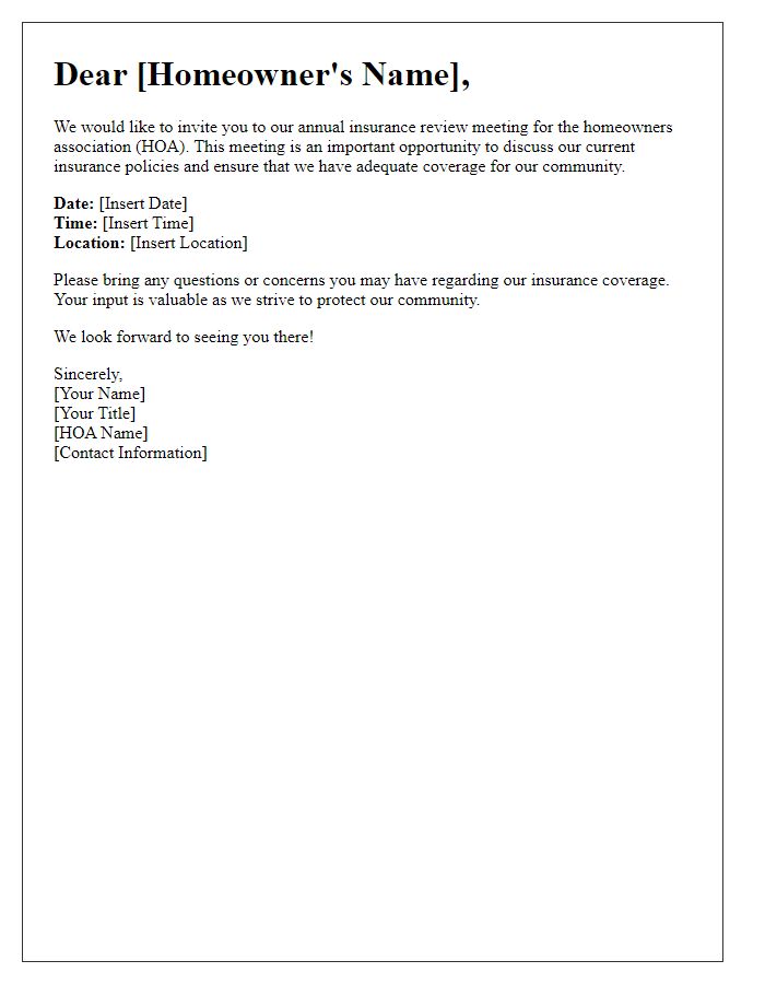 Letter template of HOA annual insurance review invitation