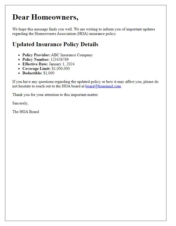 Letter template of HOA updated insurance policy details