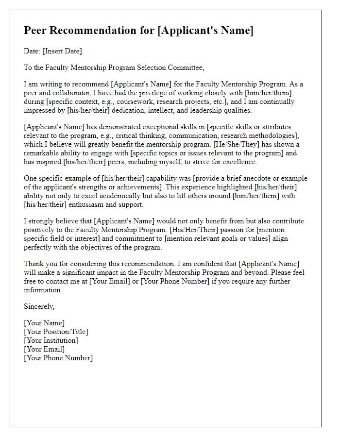 Letter template of peer recommendation for academic position in faculty mentorship program.