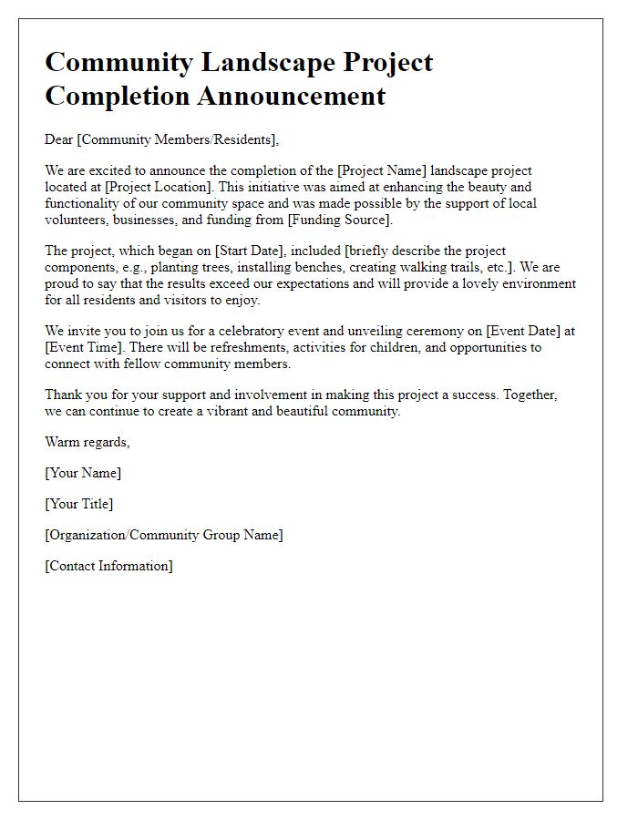 Letter template of community landscape project completion announcement