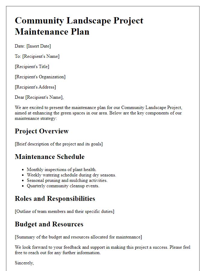 Letter template of community landscape project maintenance plan