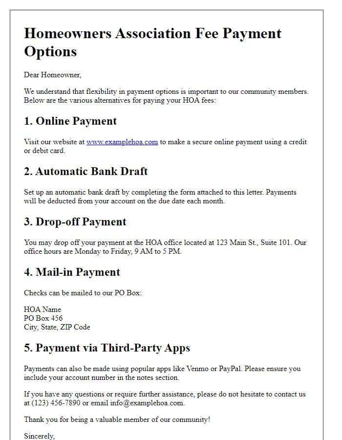 Letter template of HOA fee payment options: Alternative Payment Methods