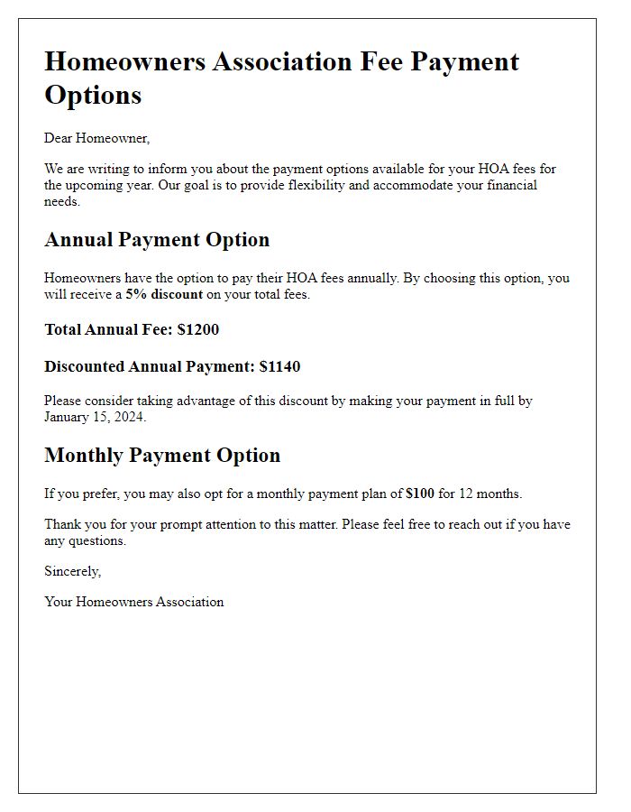 Letter template of HOA fee payment options: Annual Payment Discount