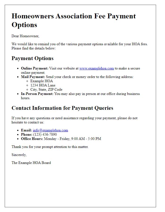 Letter template of HOA fee payment options: Contact Information for Payment Queries