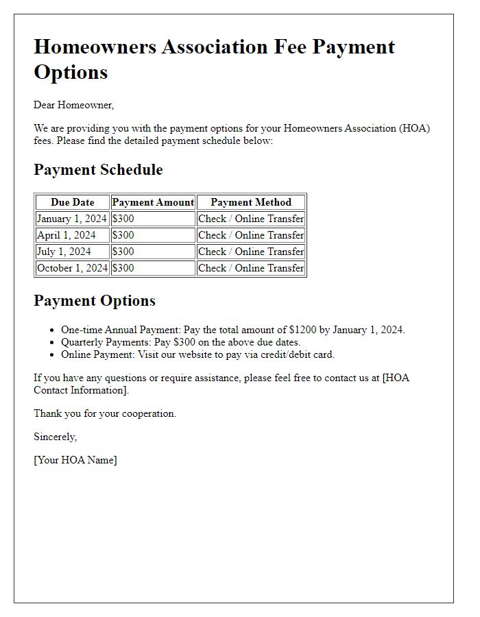 Letter template of HOA fee payment options: Detailed Payment Schedule