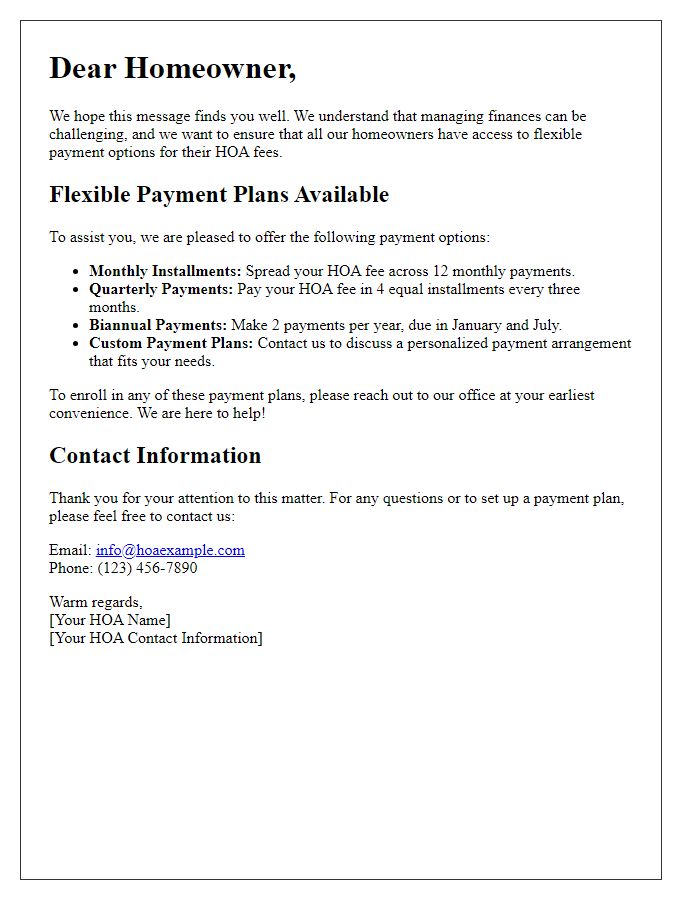 Letter template of HOA fee payment options: Flexible Payment Plans