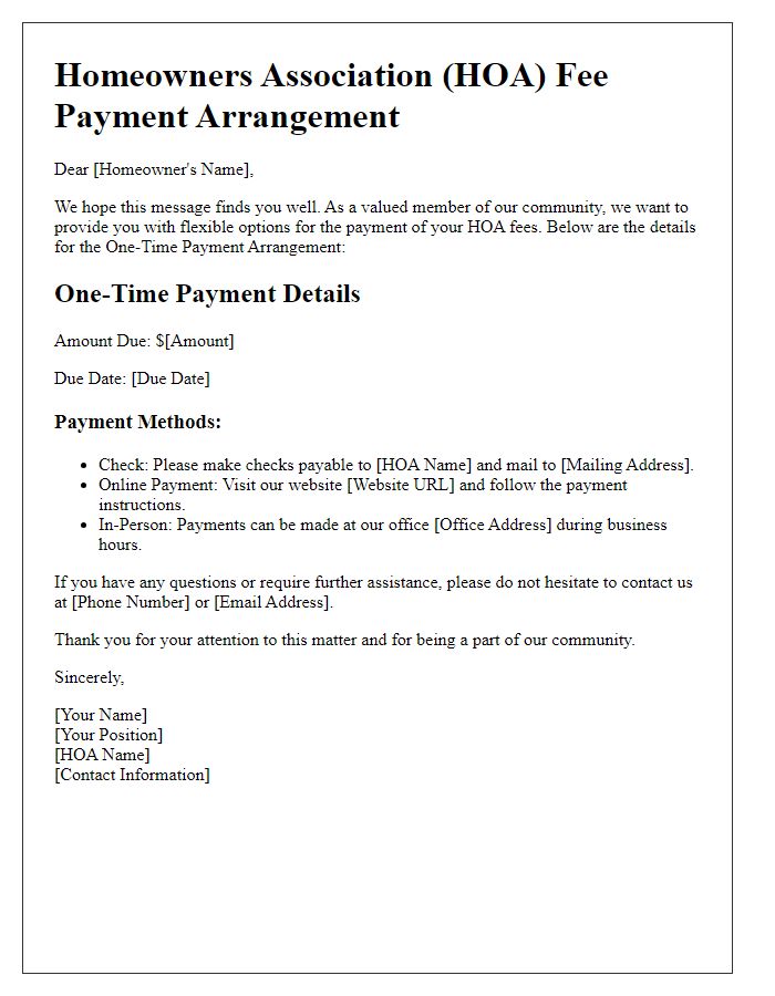 Letter template of HOA fee payment options: One-Time Payment Arrangement