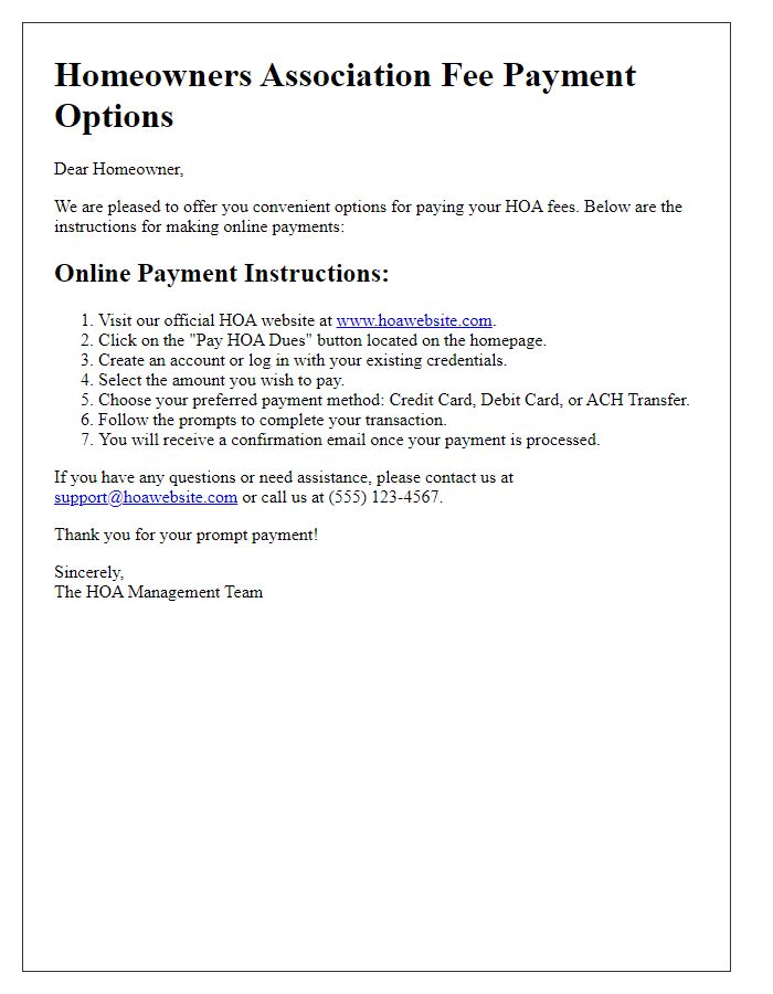 Letter template of HOA fee payment options: Online Payment Instructions