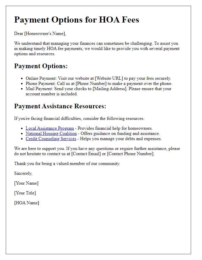 Letter template of HOA fee payment options: Payment Assistance Resources