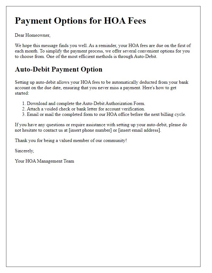 Letter template of HOA fee payment options: Payment Through Auto-Debit