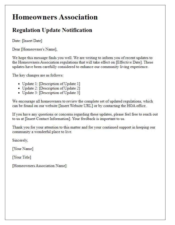 Letter template of HOA Regulation Update Notification