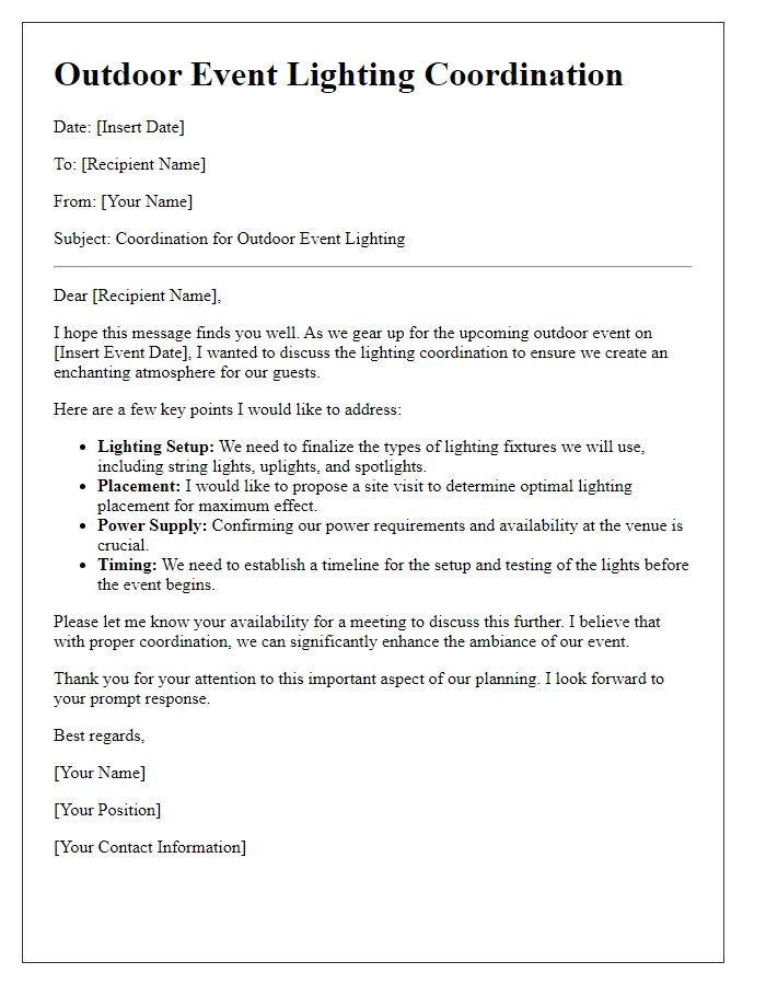 Letter template of outdoor event lighting coordination