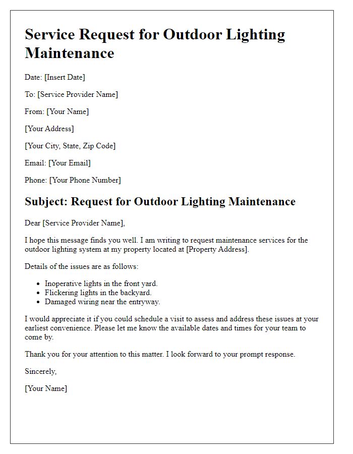 Letter template of outdoor lighting maintenance service request