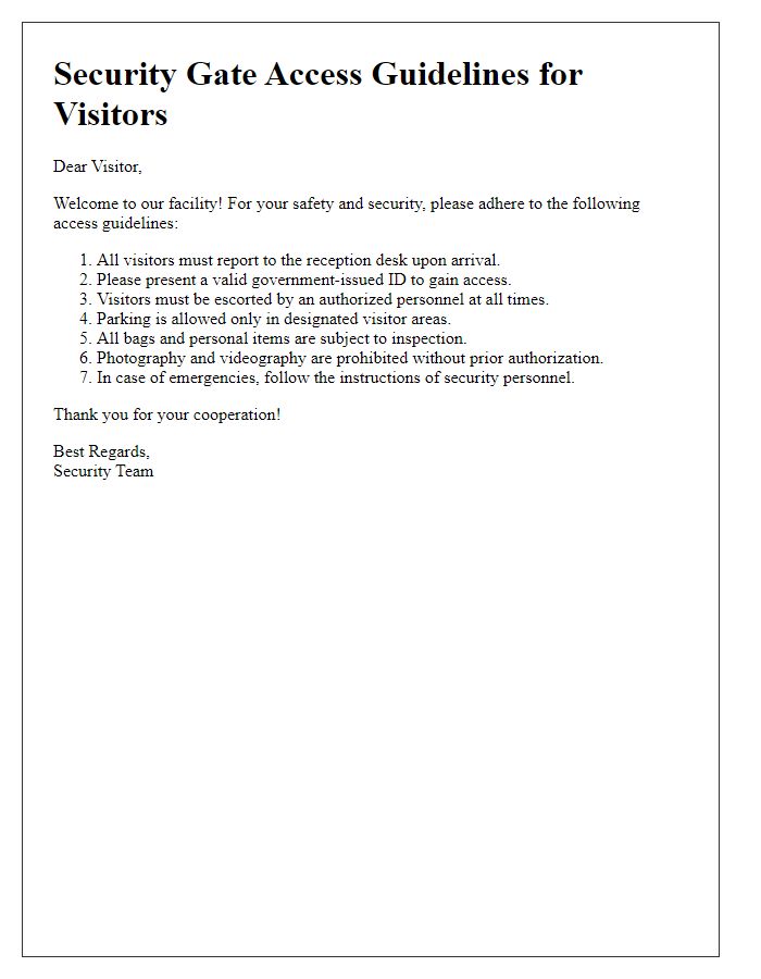 Letter template of security gate access guidelines for visitors