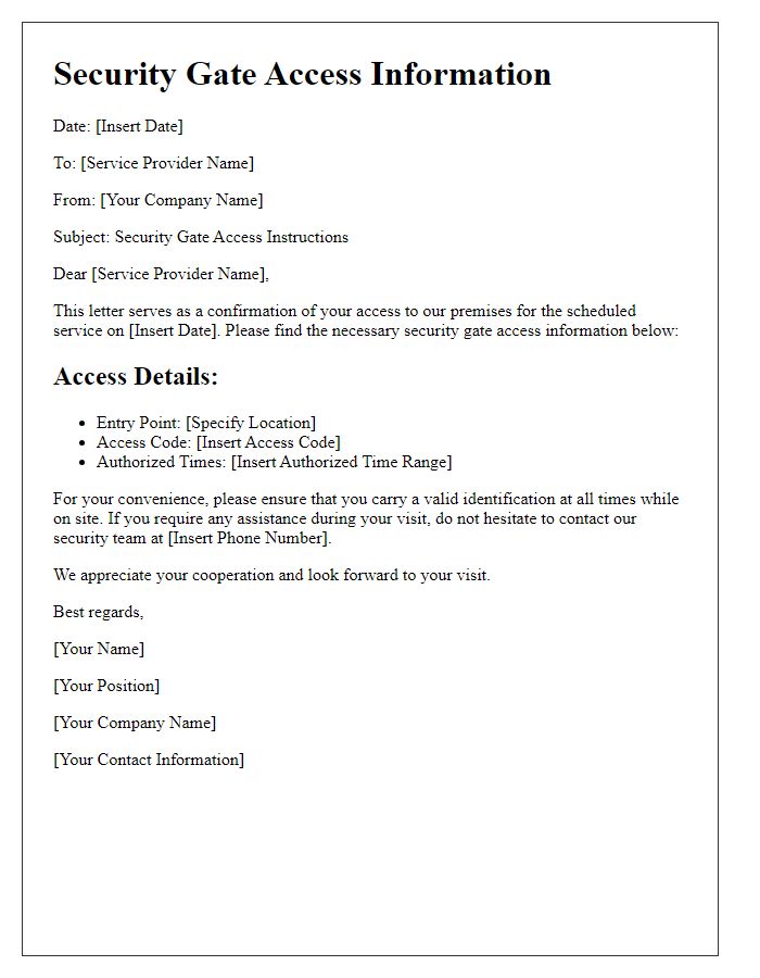 Letter template of security gate access information for service providers