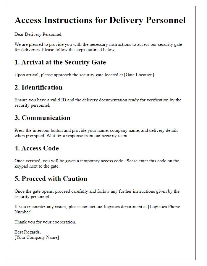 Letter template of security gate access instructions for delivery personnel