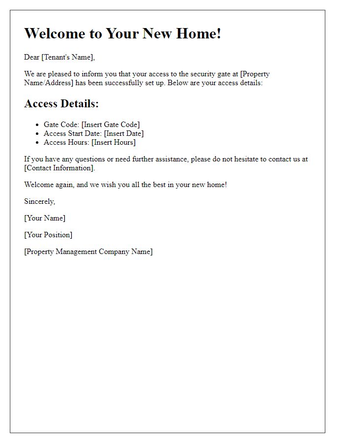 Letter template of security gate access notification for new tenants