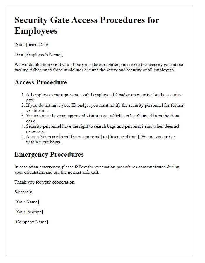 Letter template of security gate access procedures for employees