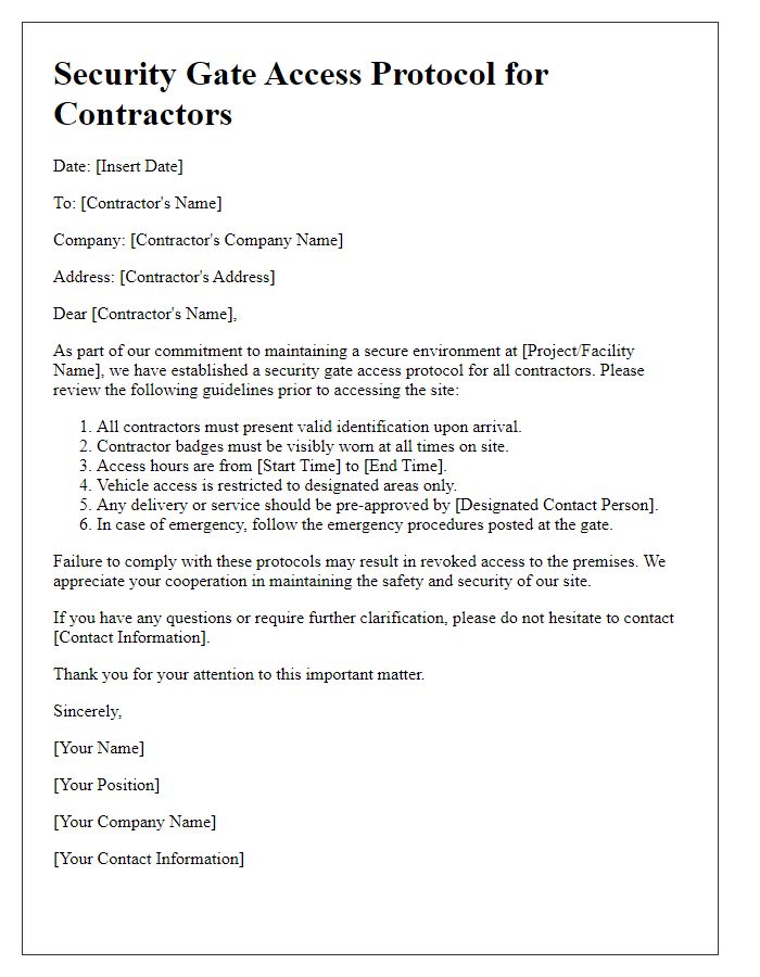 Letter template of security gate access protocol for contractors