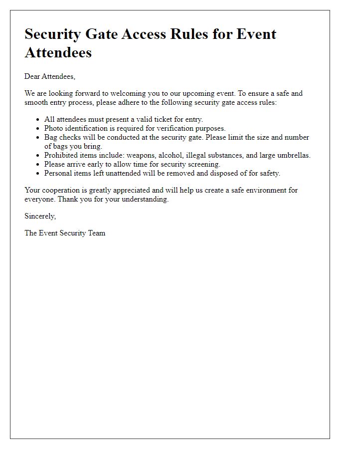 Letter template of security gate access rules for event attendees