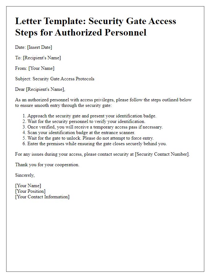 Letter template of security gate access steps for authorized personnel