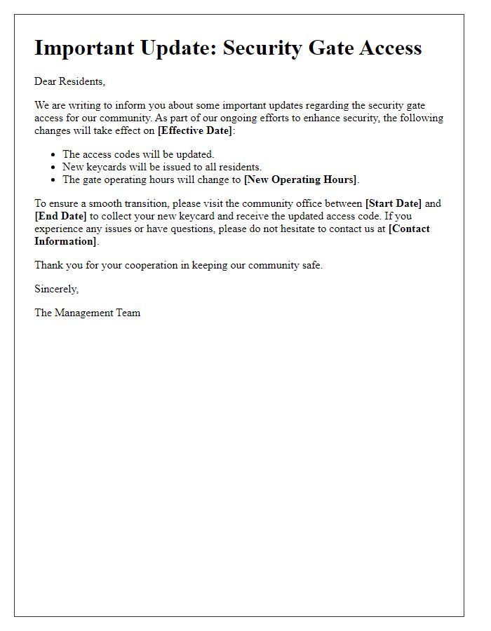 Letter template of security gate access updates for residents