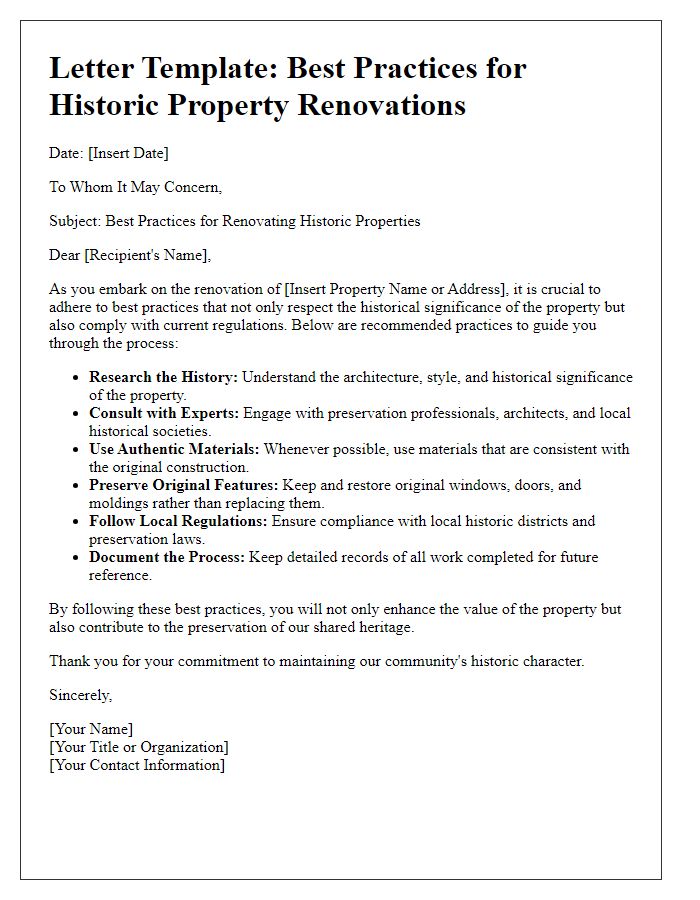 Letter template of best practices for historic property renovations