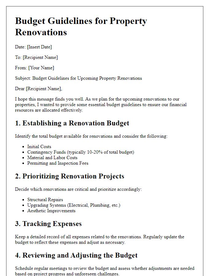 Letter template of budget guidelines for property renovations