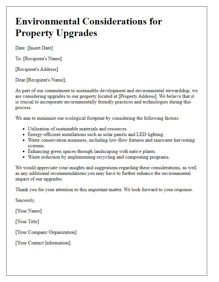 Letter template of environmental considerations for property upgrades