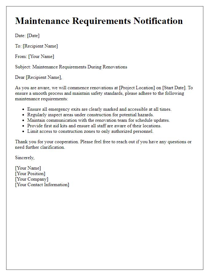 Letter template of maintenance requirements during renovations